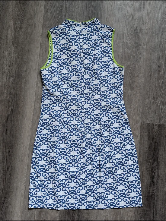 Vince Camuto Dress Womens Size 8 Blue White Print Sleeveless Shift Neon Trim - Picture 2 of 6
